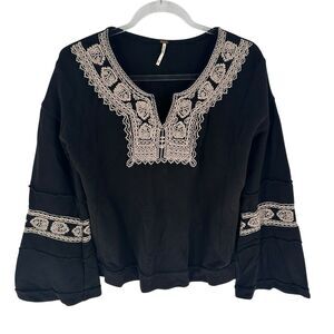 Free People Sweatshirt Womens XS Black Boho Embroidered Peasant French Terry